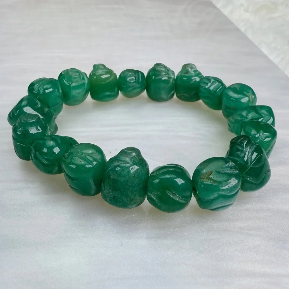 Vintage Hand Carved Green Stone Stretch Weighted  Bracelet